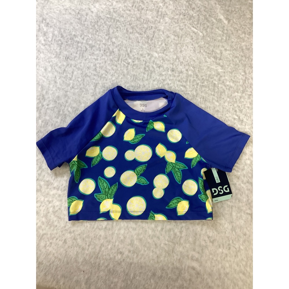 DSG Girls Blue Lemon Print Crop Rash Guard Swim Top‎ UPF 50+ Size L  NEW